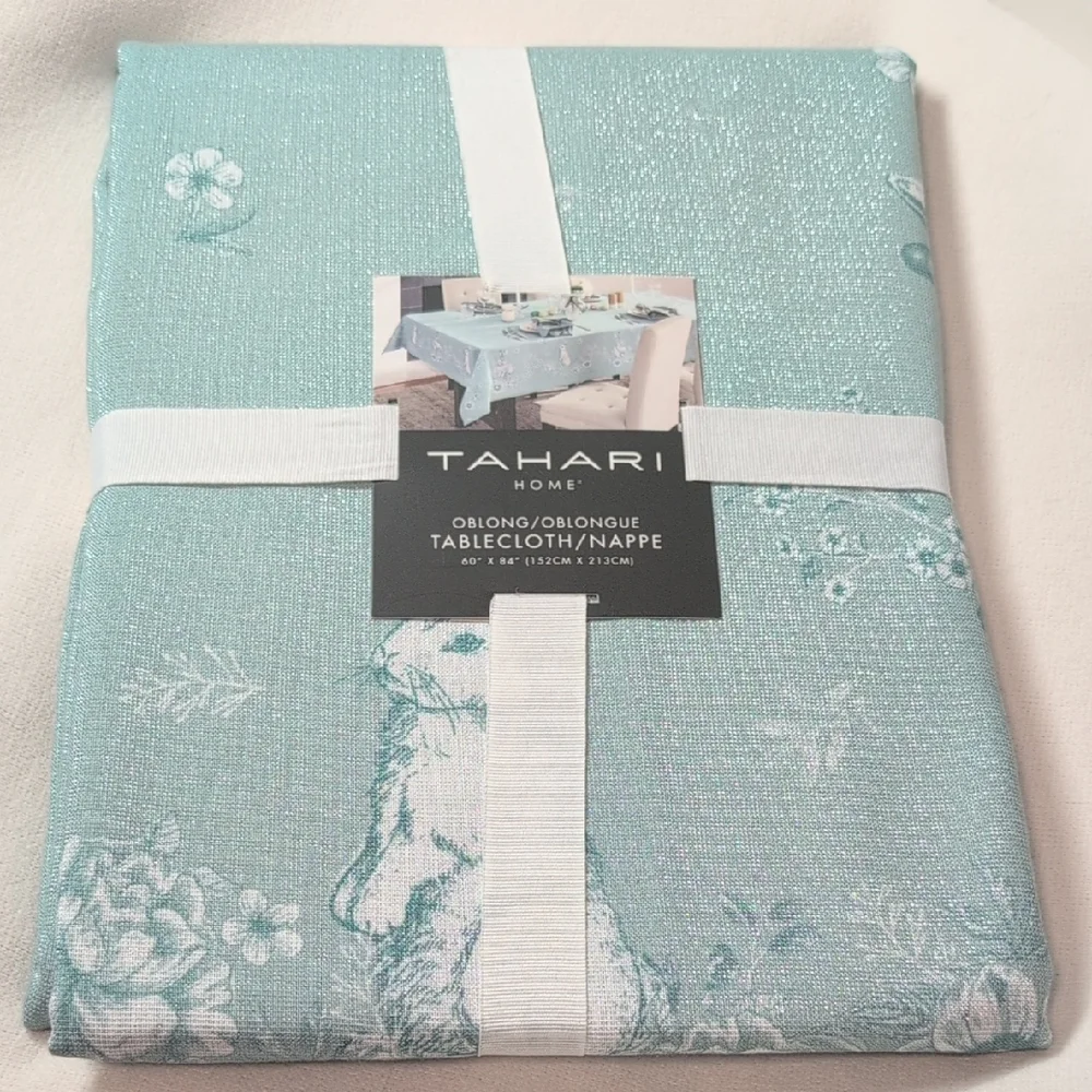 Tahari Home Shimmery Light Blue Easter Tablecloth
